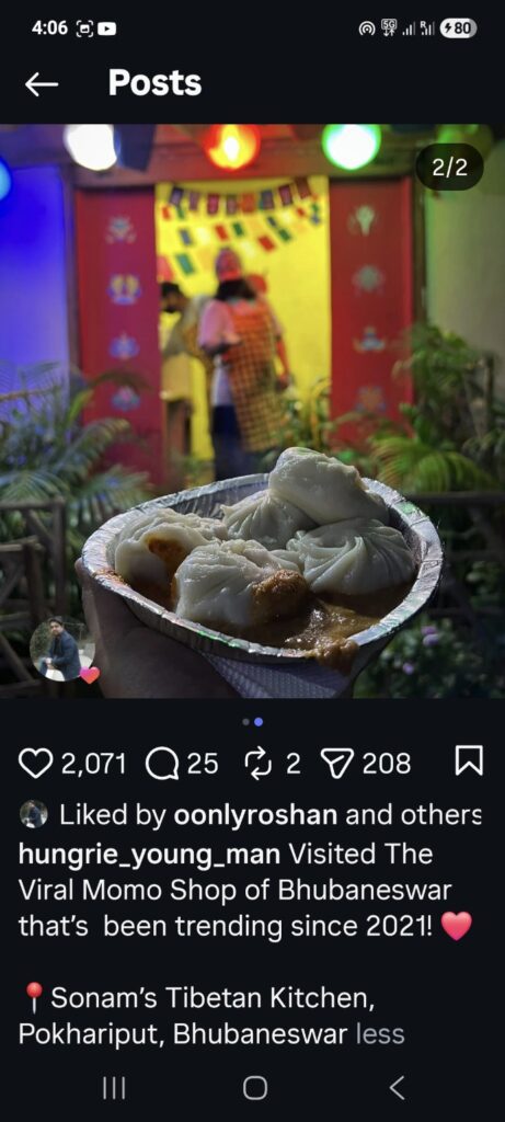 Steamed Tibetan momos served at Sonam's Tibetan Kitchen featured by a local food influencer in Bhubaneswar