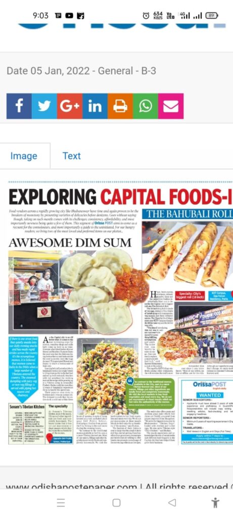 Odisha Post newspaper feature highlighting Sonam's Tibetan Kitchen and its authentic Tibetan momos in Bhubaneswar